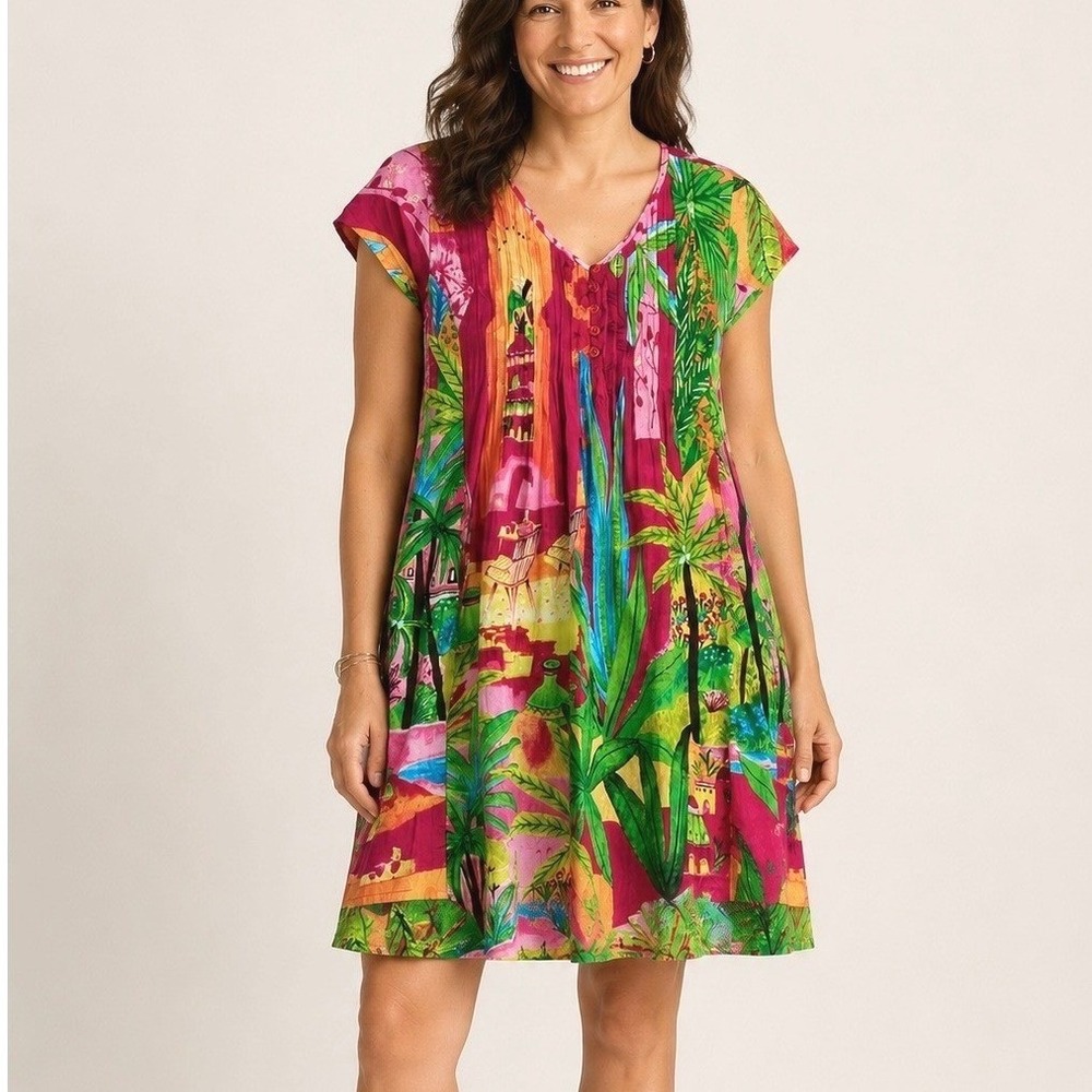 Colorful Travel Print Dress S Organic Cotton Tropical Resort Beach Vacation Boho